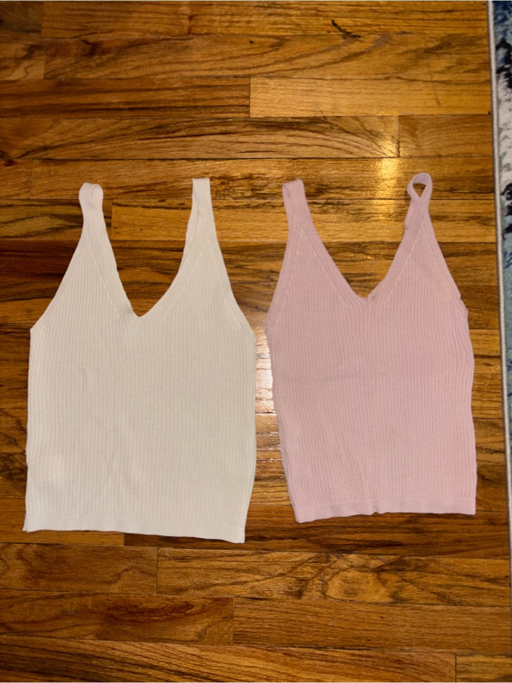 Women’s Ribbed V-Neck Tank Top - White and Light Pink